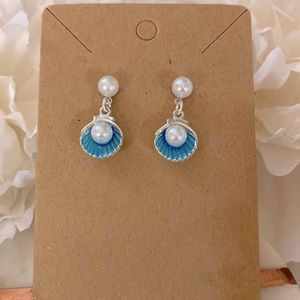 blue and Silver Clamshell and Pearl Dangly Earrings NWT
